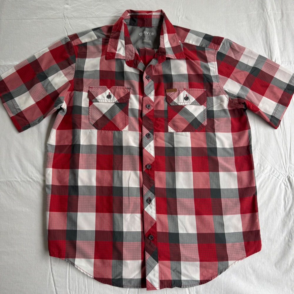 Orvis Mens Large Red Plaid Short Sleeve Button Up Ripstop Tech Shirt